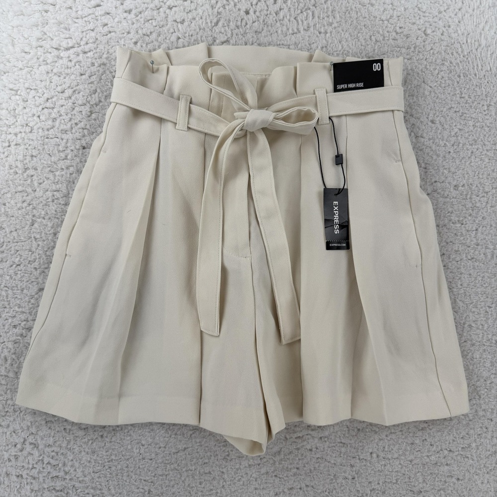 Express Shorts Womens 00 Ivory Paperbag Super High Rise Belted Pleated NWT